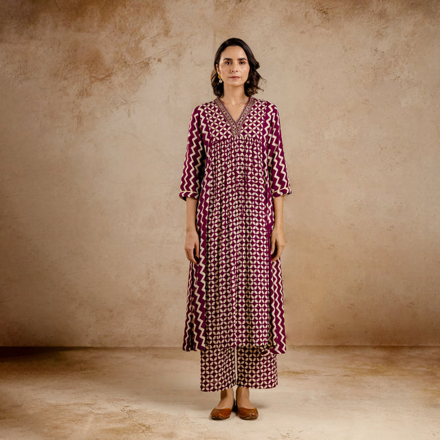 Wine Modal Embroidered A-Line V-Neck Co-Ord Set