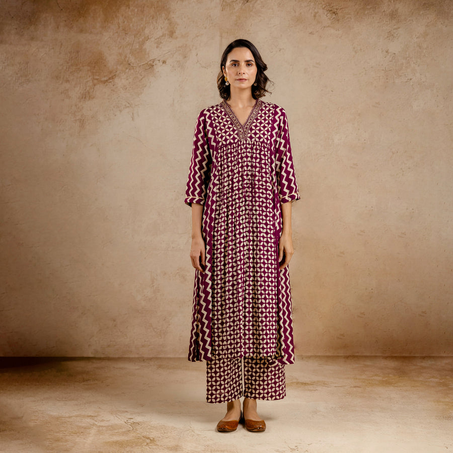 Wine Modal Embroidered A-Line V-Neck Co-Ord Set