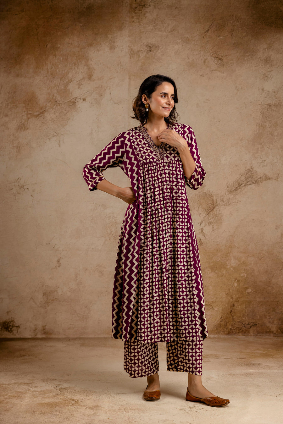 Wine Modal Embroidered A-Line V-Neck Co-Ord Set