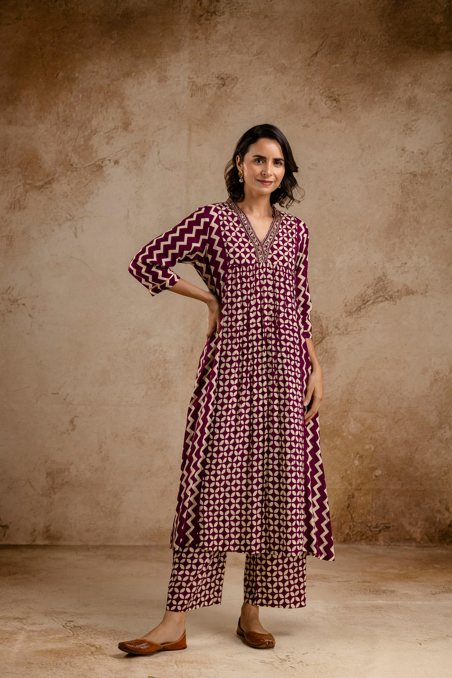 Wine Modal Embroidered A-Line V-Neck Co-Ord Set