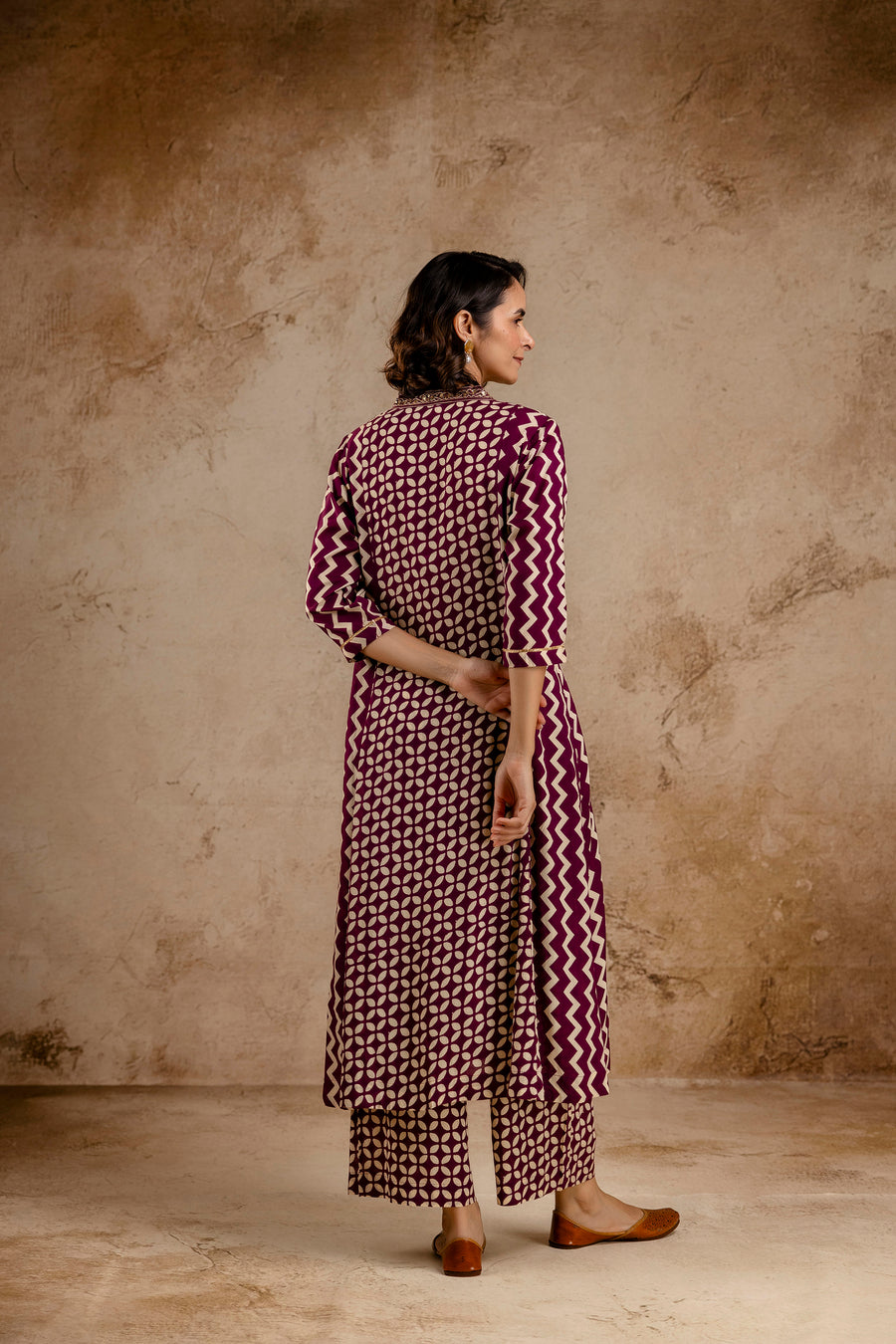 Wine Modal Embroidered A-Line V-Neck Co-Ord Set