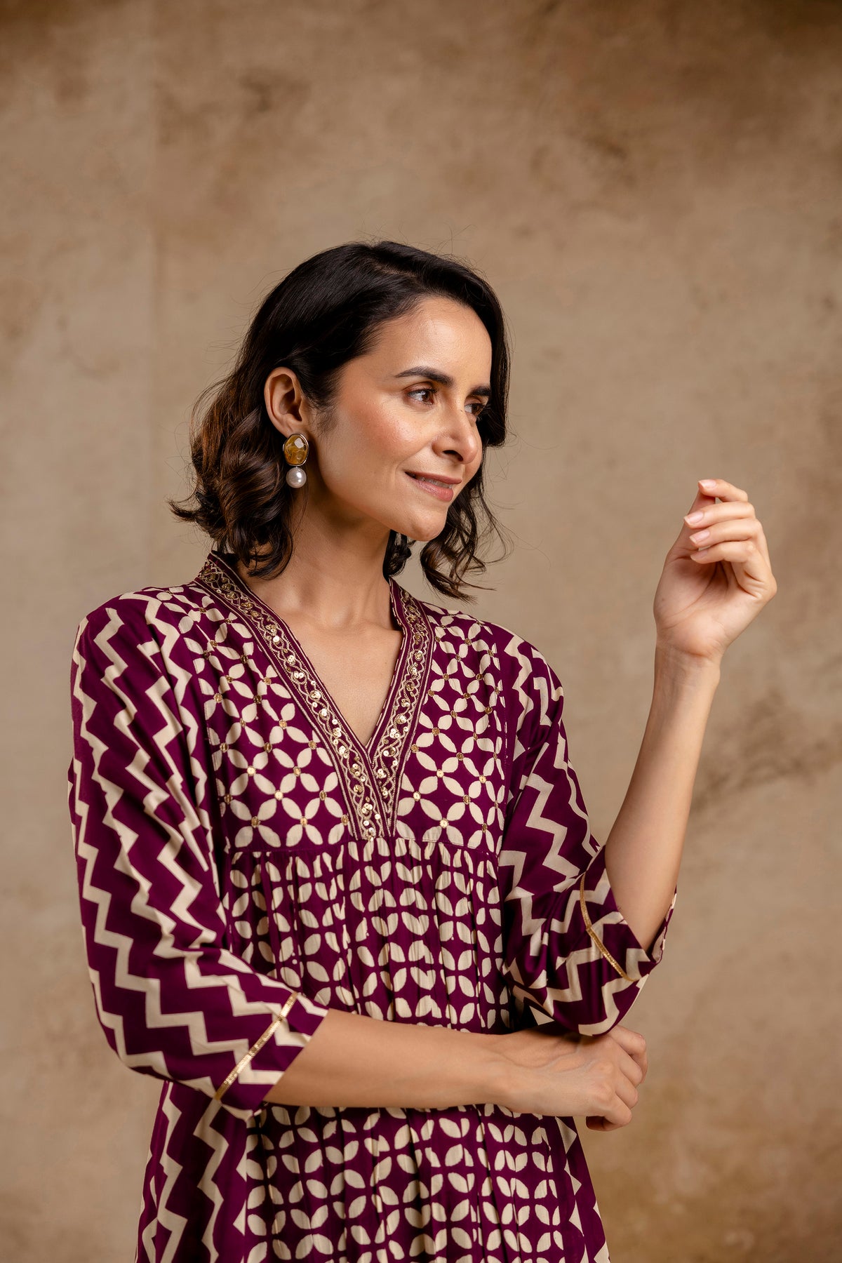 Wine Modal Embroidered A-Line V-Neck Co-Ord Set