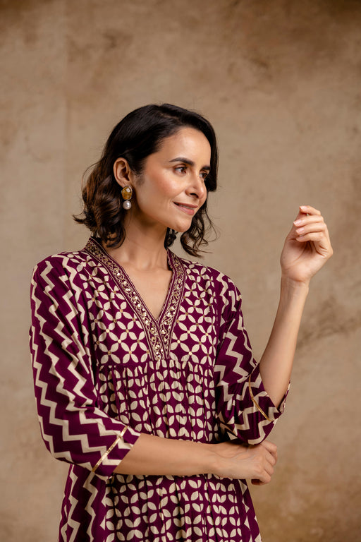 Wine Modal Embroidered A-Line V-Neck Co-Ord Set