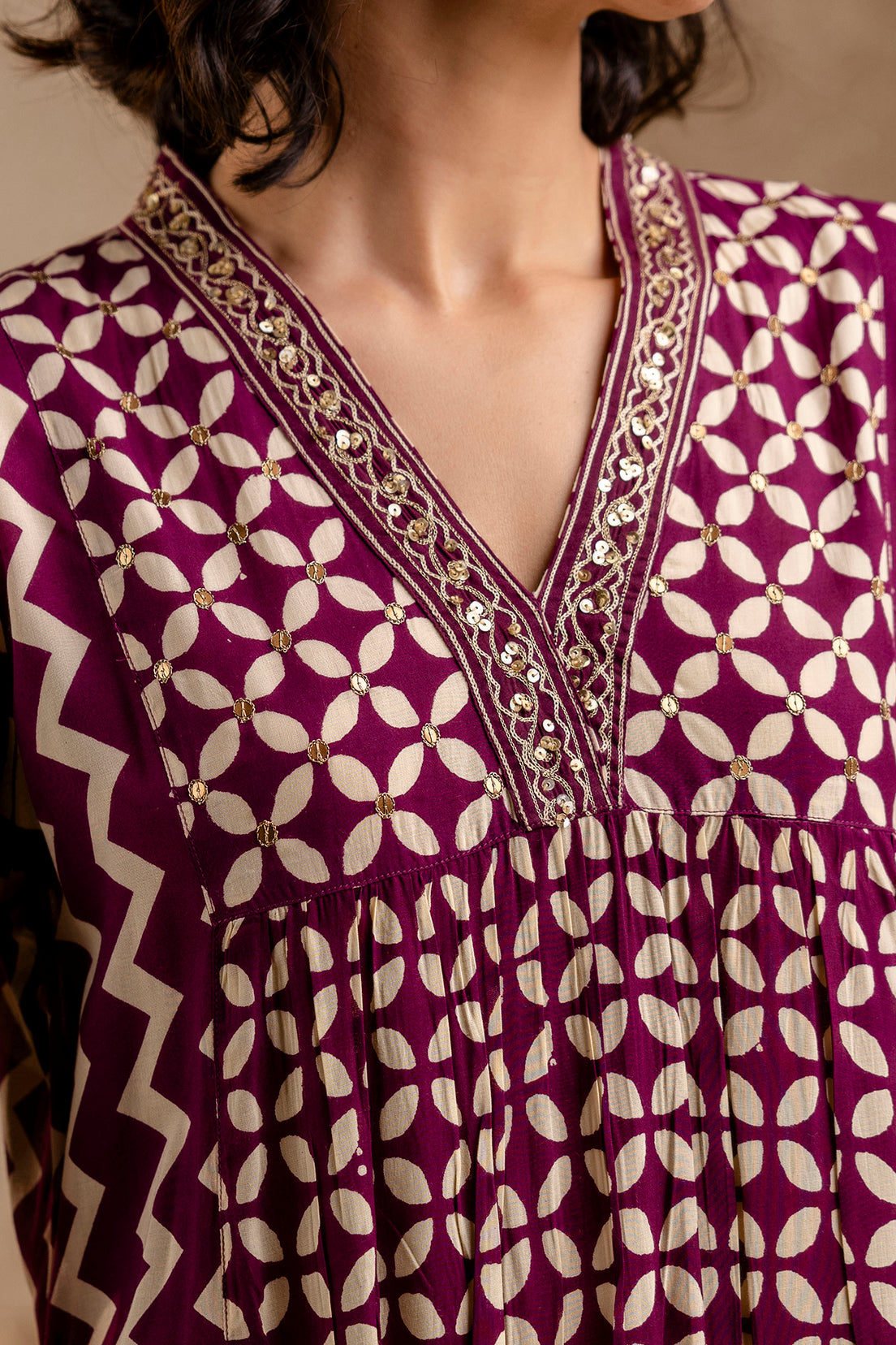Wine Modal Embroidered A-Line V-Neck Co-Ord Set