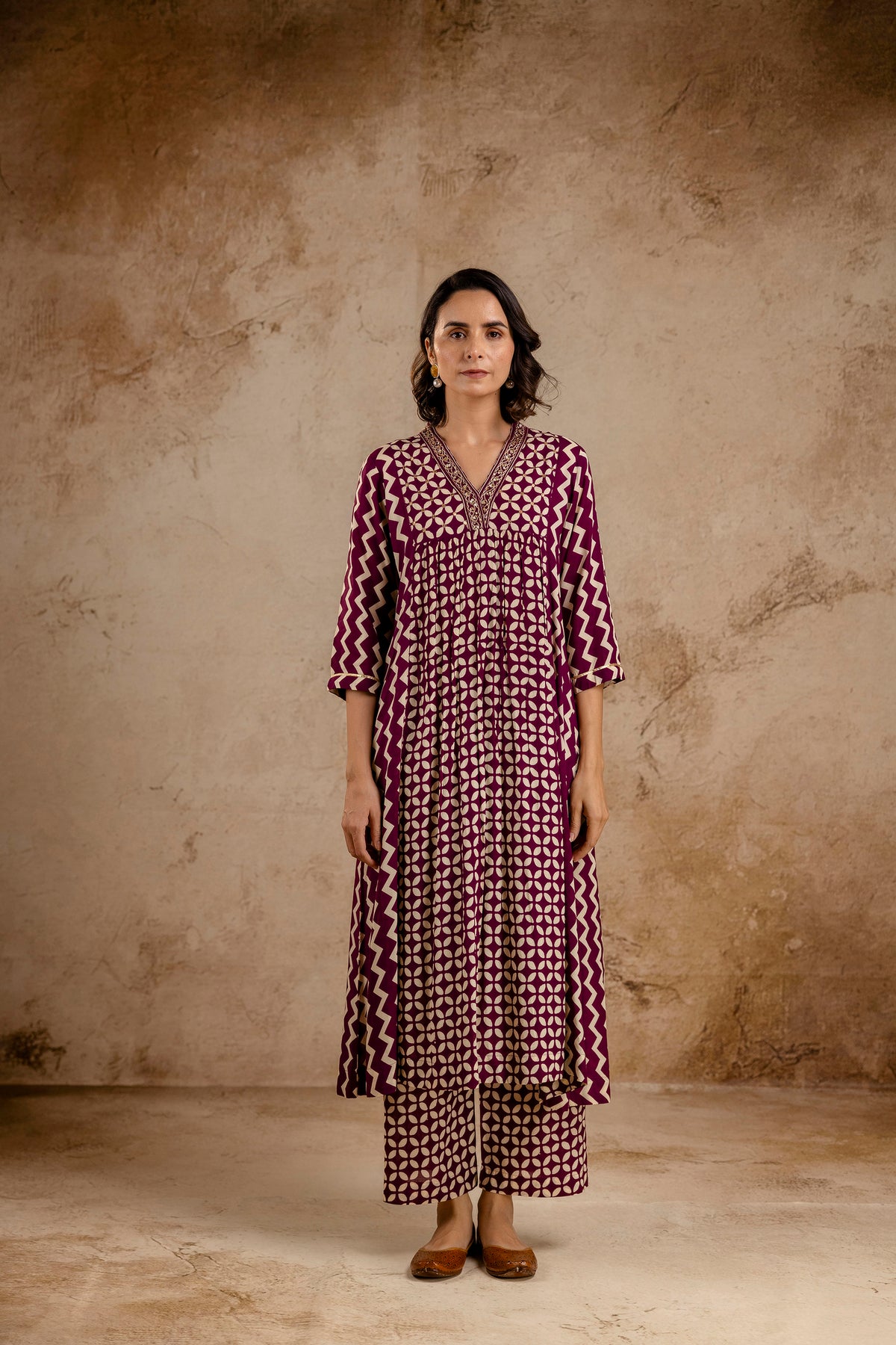 Wine Modal Embroidered A-Line V-Neck Co-Ord Set