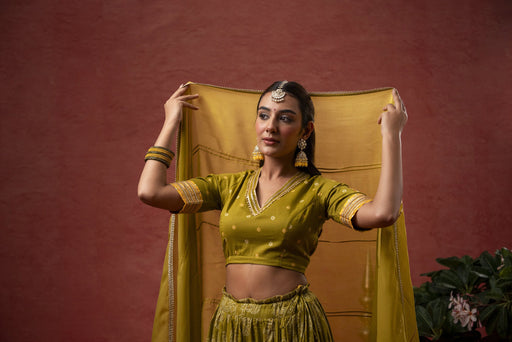 Green Cotton Skirt Set with Gota Patti Lace Work & Organza Dupatta
