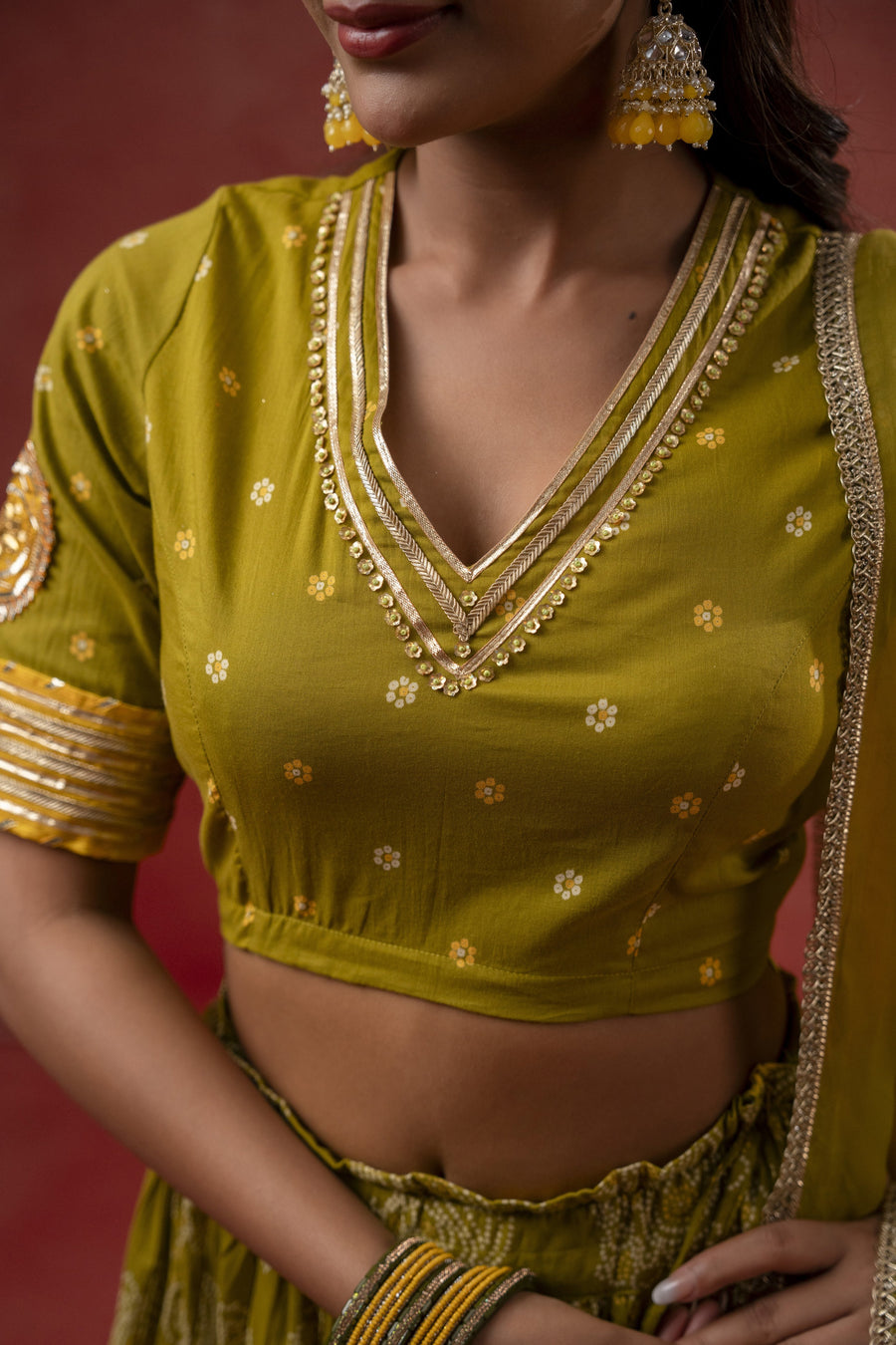Green Cotton Skirt Set with Gota Patti Lace Work & Organza Dupatta