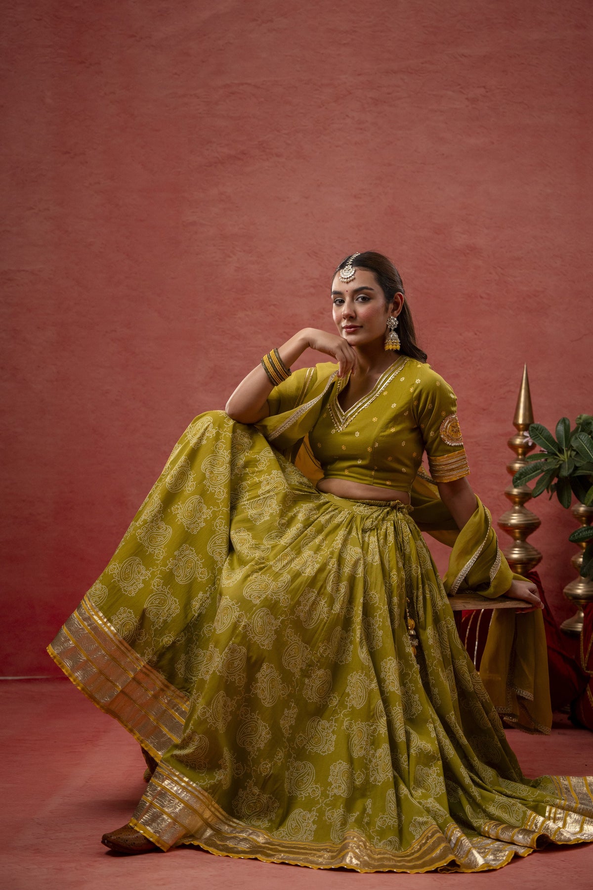 Green Cotton Skirt Set with Gota Patti Lace Work & Organza Dupatta