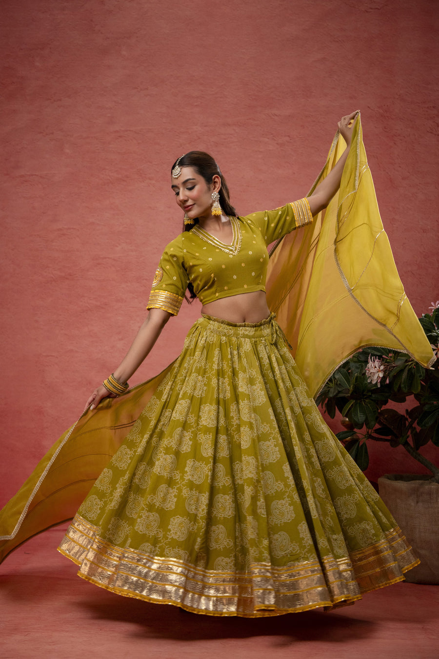 Green Cotton Skirt Set with Gota Patti Lace Work & Organza Dupatta