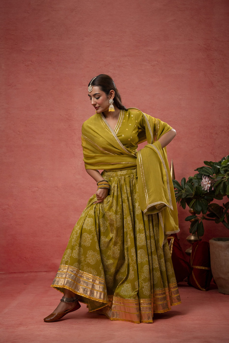 Green Cotton Skirt Set with Gota Patti Lace Work & Organza Dupatta