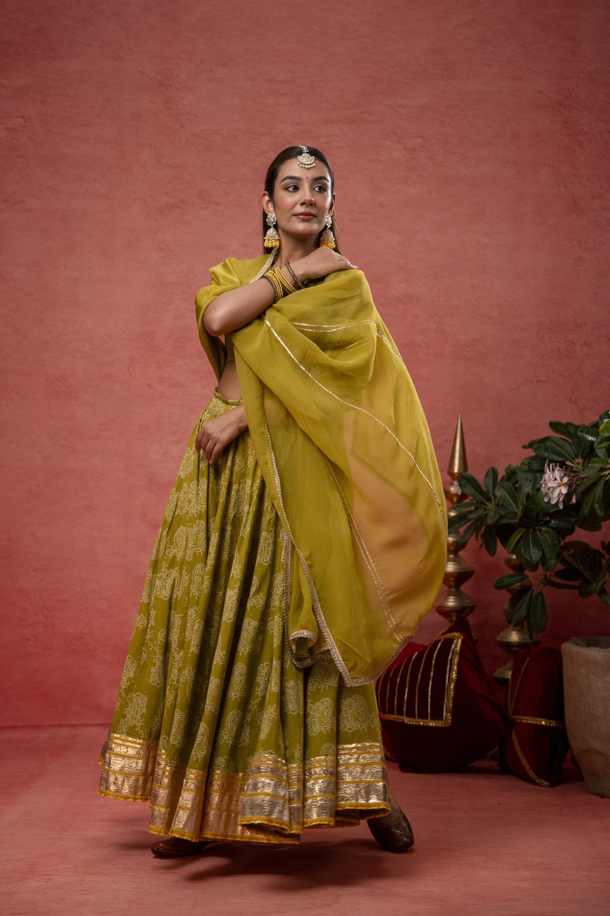 Green Cotton Skirt Set with Gota Patti Lace Work & Organza Dupatta