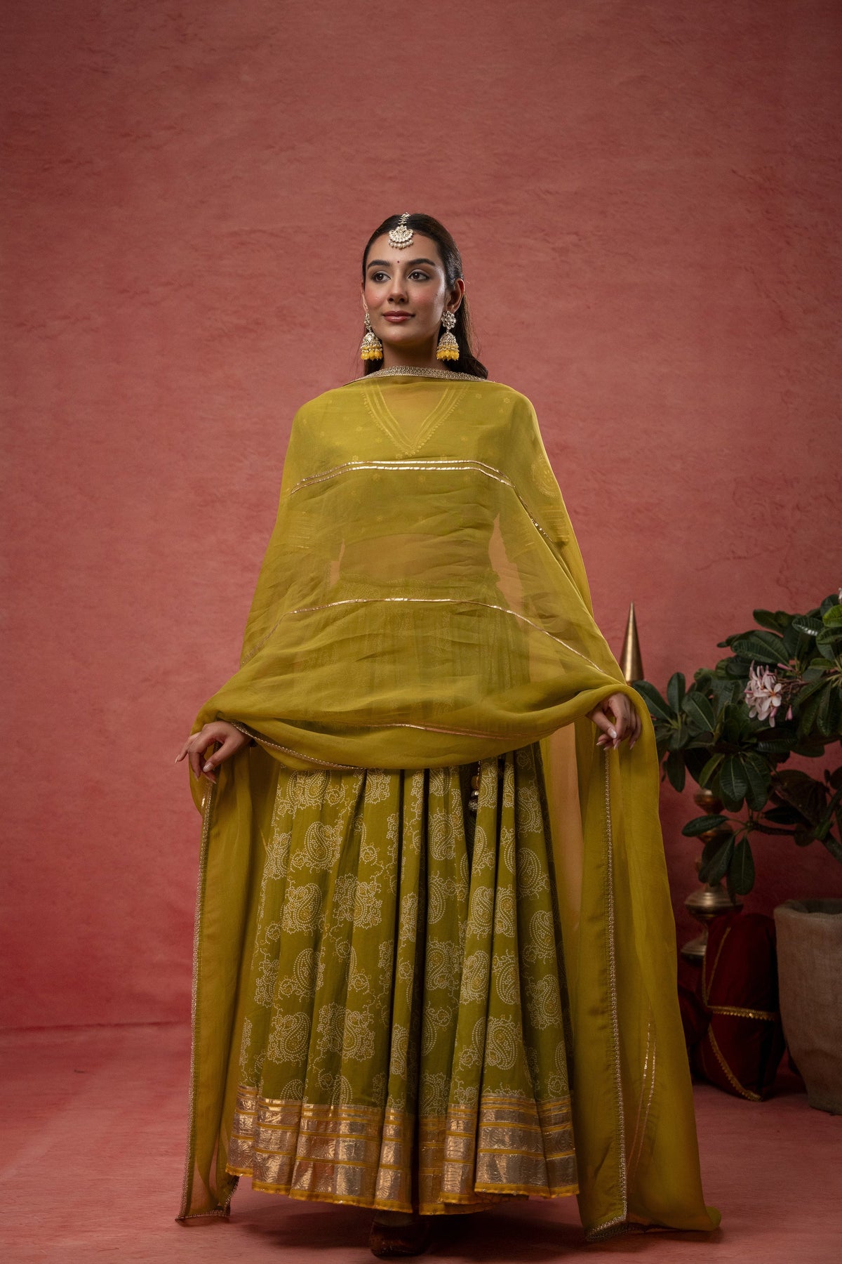 Green Cotton Skirt Set with Gota Patti Lace Work & Organza Dupatta