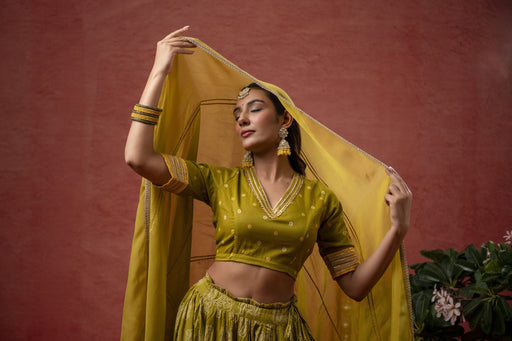 Green Cotton Skirt Set with Gota Patti Lace Work & Organza Dupatta