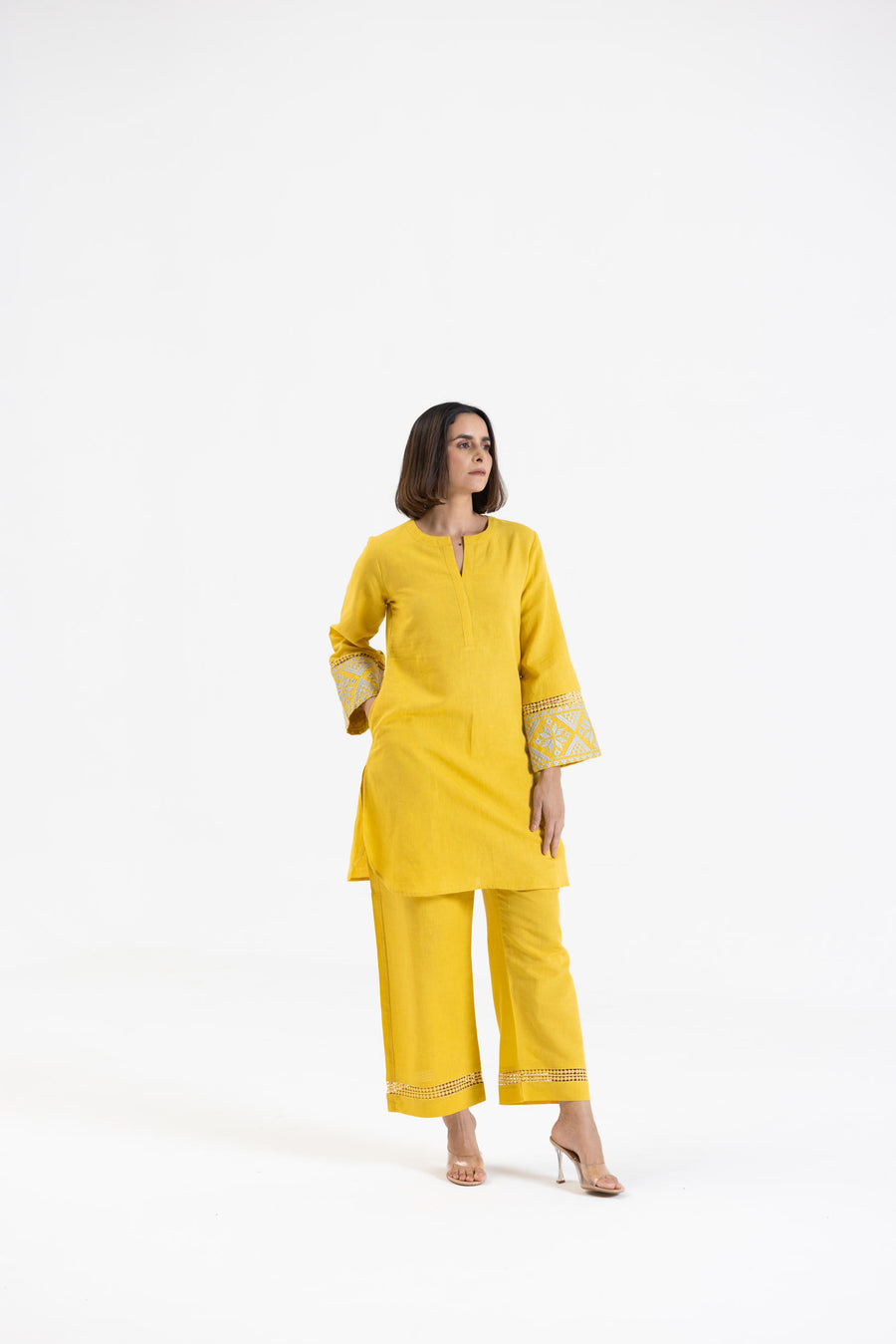 Yellow Linen Embroidered Sleeves Co-Ord Set