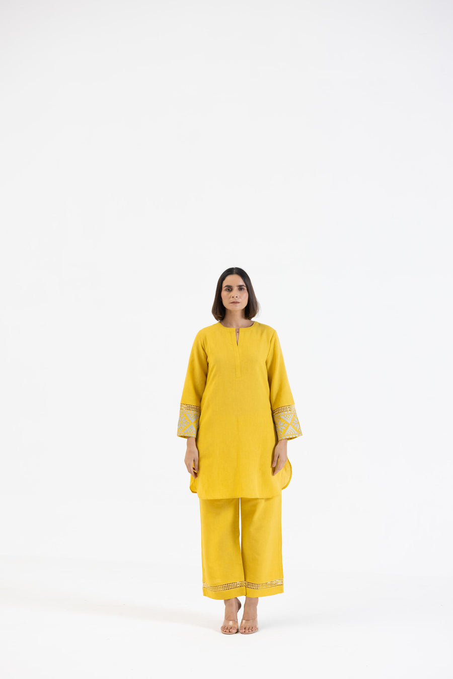 Yellow Linen Embroidered Sleeves Co-Ord Set