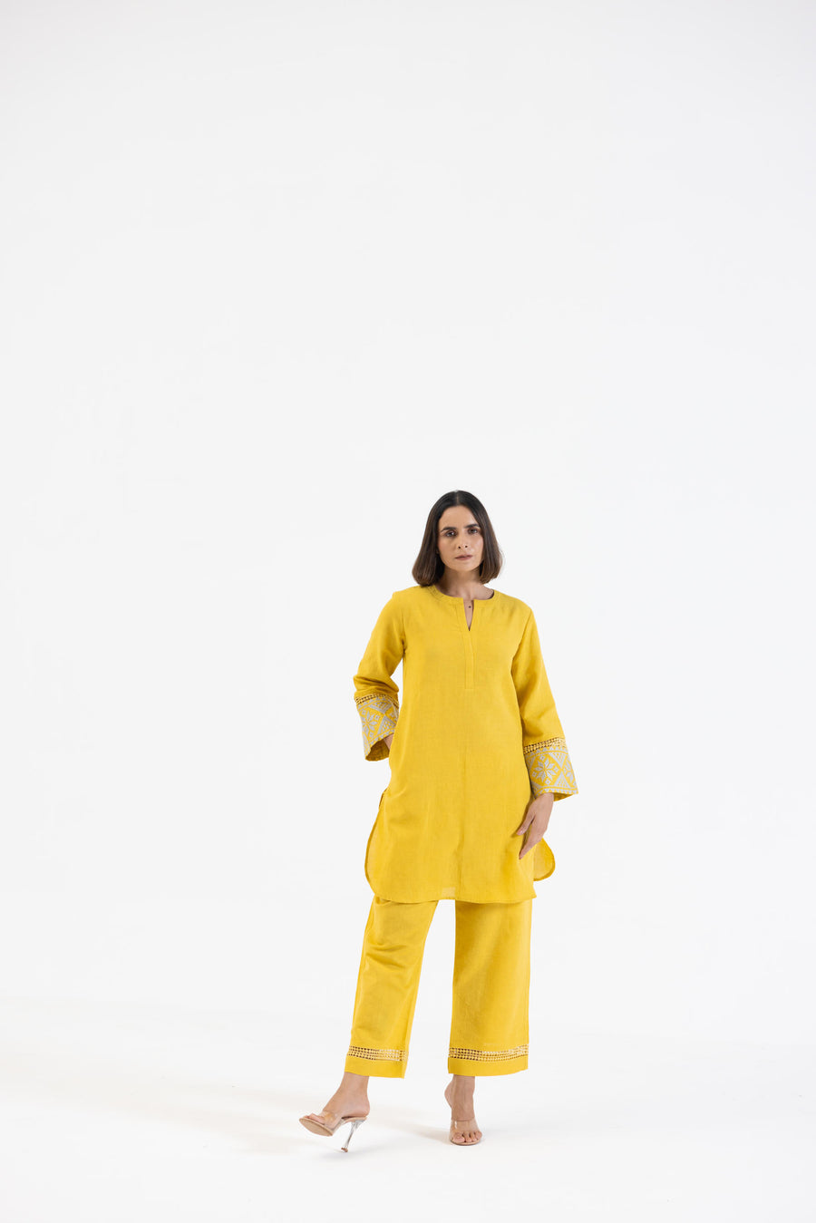 Yellow Linen Embroidered Sleeves Co-Ord Set
