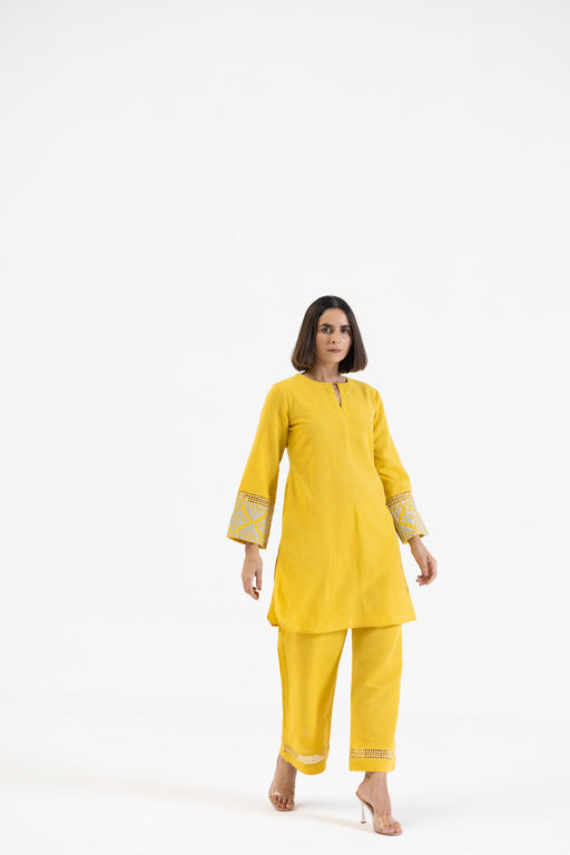 Yellow Linen Embroidered Sleeves Co-Ord Set