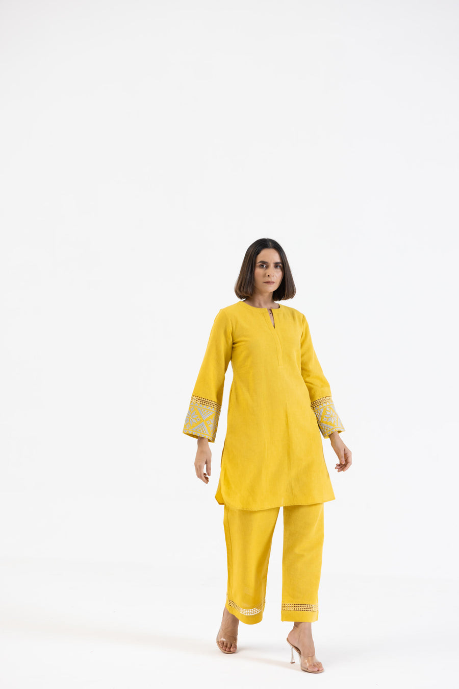 Yellow Linen Embroidered Sleeves Co-Ord Set
