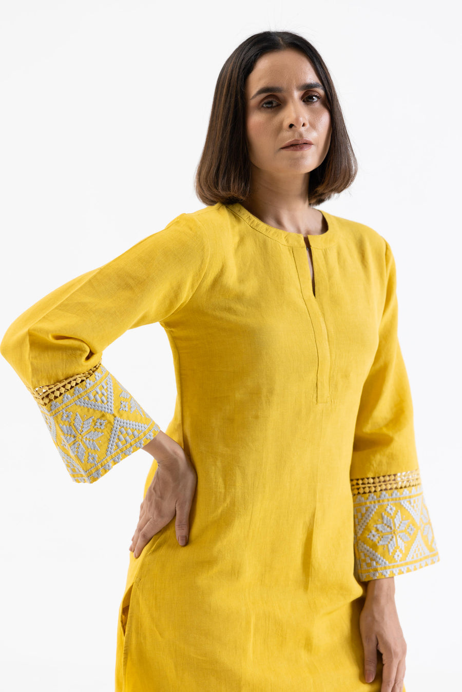 Yellow Linen Embroidered Sleeves Co-Ord Set