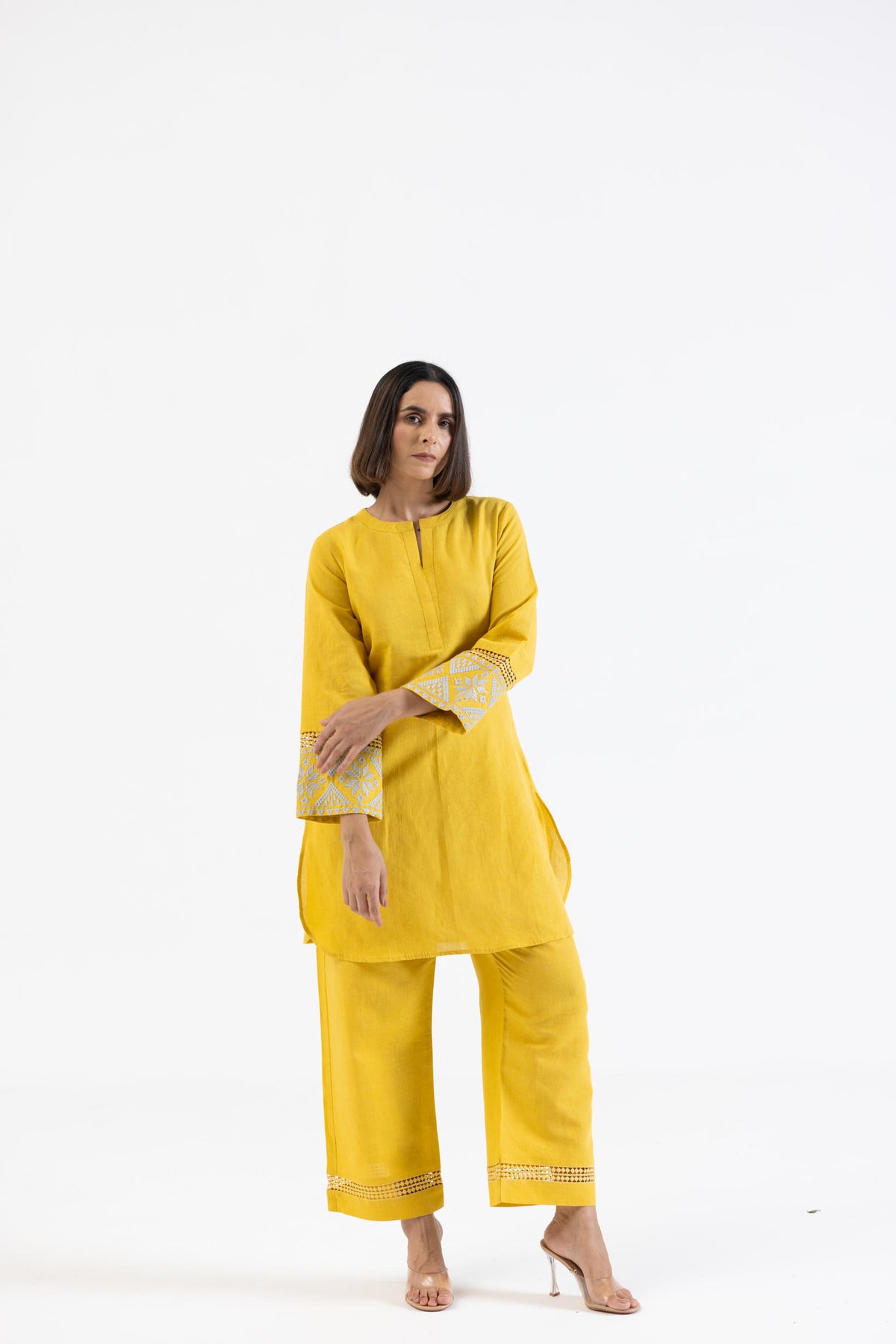 Yellow Linen Embroidered Sleeves Co-Ord Set