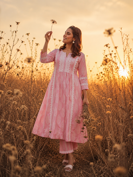 Pink Paisley Printed Cotton Kurta Pant Set With Lace Detail
