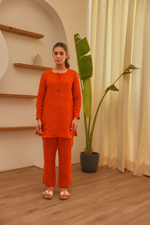 Rust 100% Linen Full Sleeve Comfort Fit Co-Ord Set