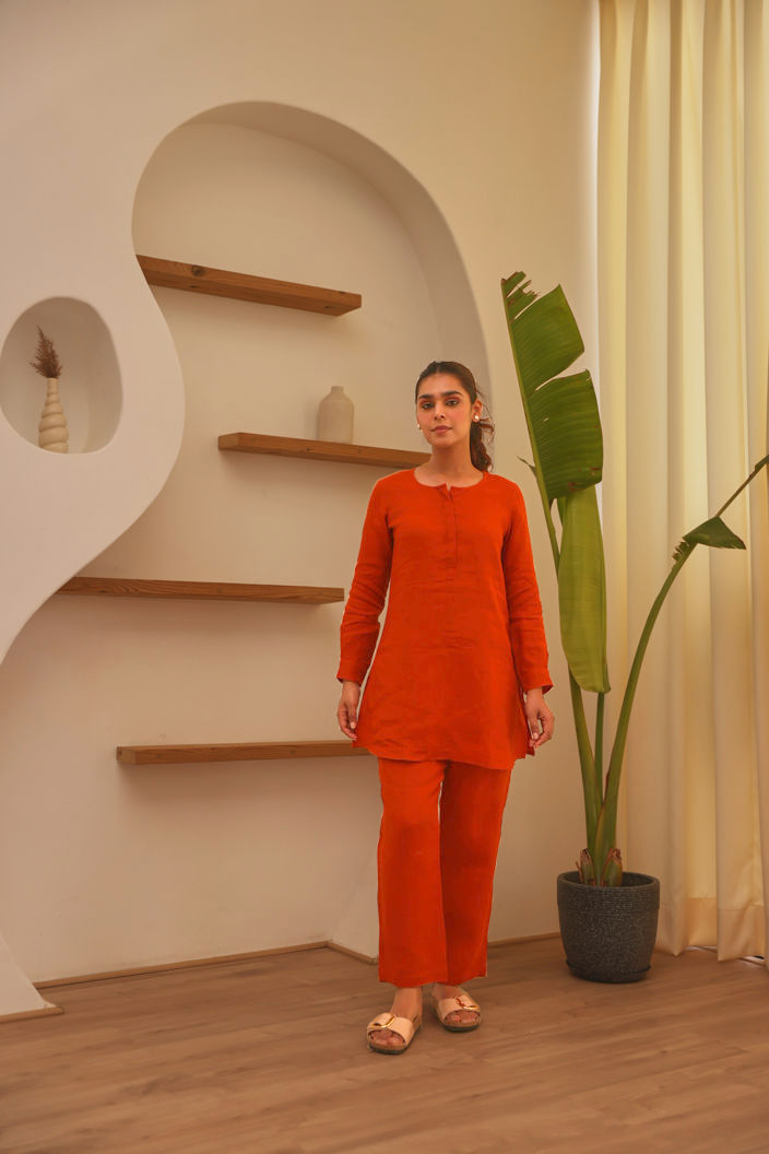 Rust 100% Linen Full Sleeve Comfort Fit Co-Ord Set
