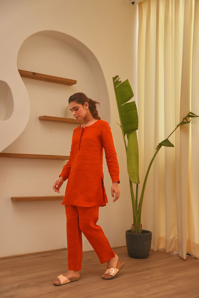 Rust 100% Linen Full Sleeve Comfort Fit Co-Ord Set
