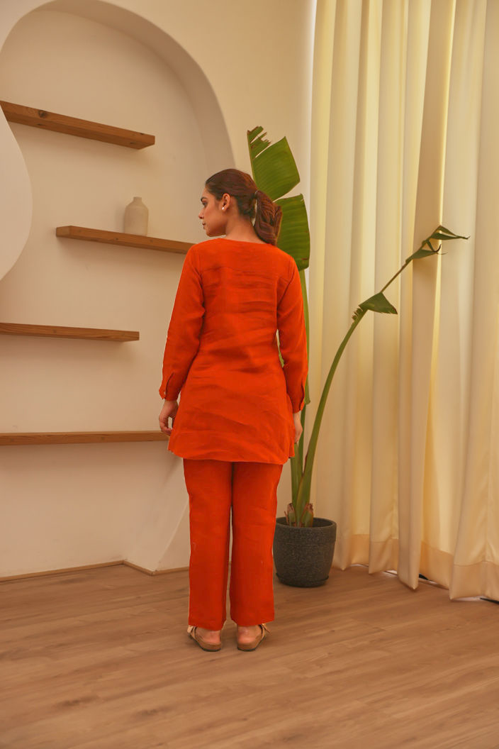 Rust 100% Linen Full Sleeve Comfort Fit Co-Ord Set