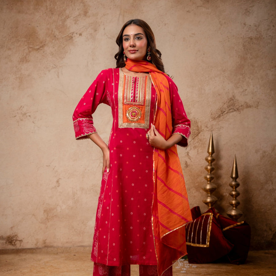 Rani Cotton Suit Set with Gota Patti Work & Kota Doria Dupatta