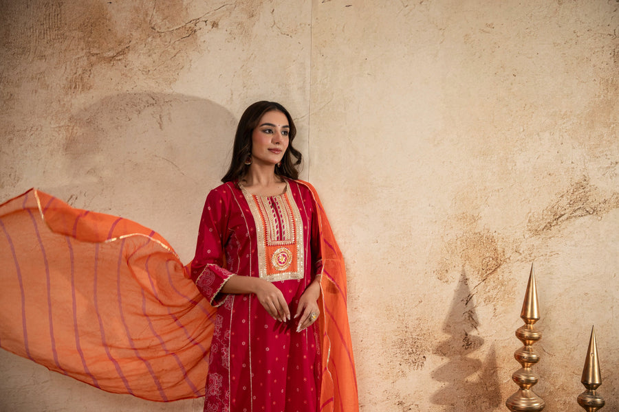 Rani Cotton Suit Set with Gota Patti Work & Kota Doria Dupatta