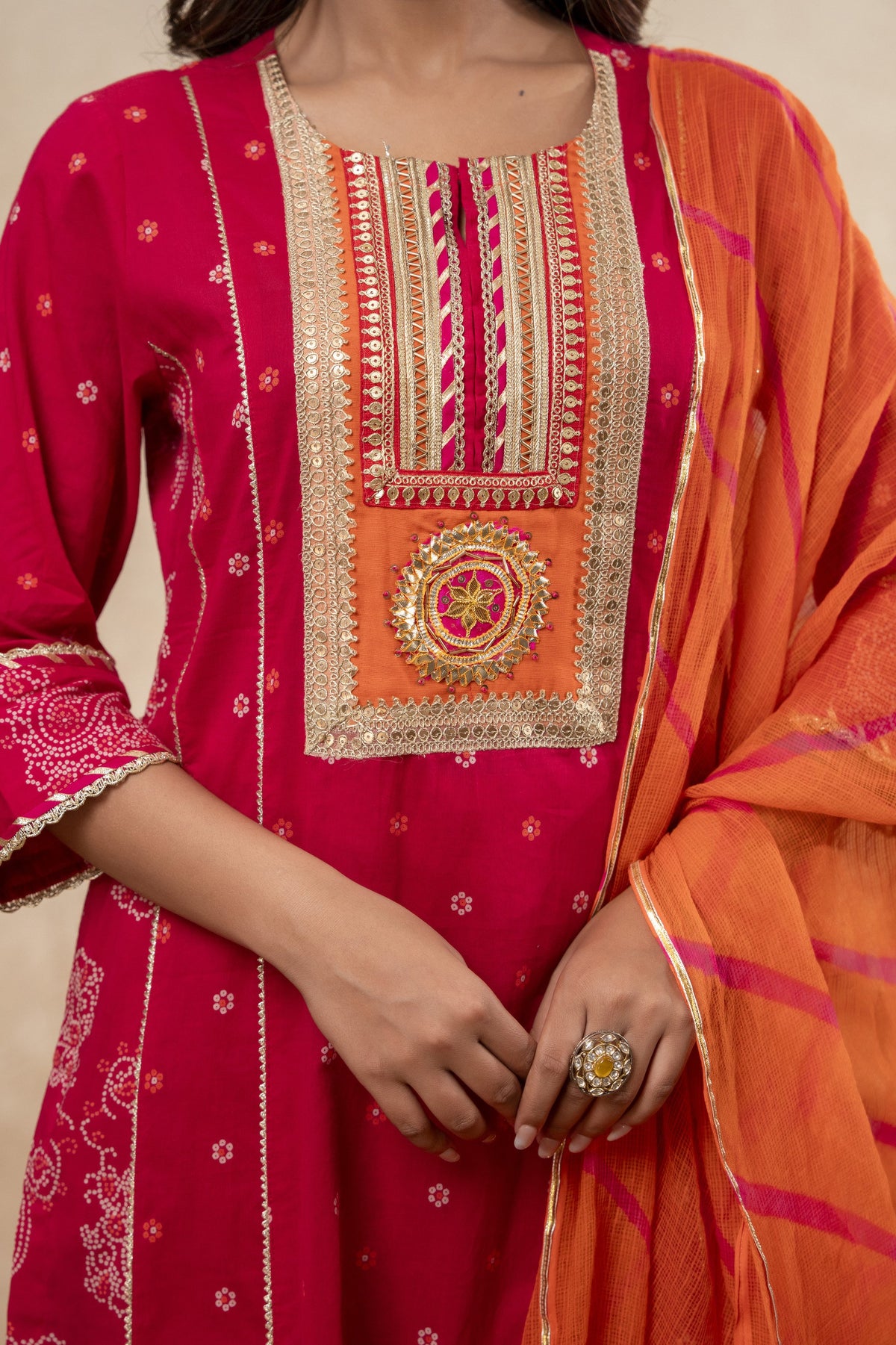 Rani Cotton Suit Set with Gota Patti Work & Kota Doria Dupatta