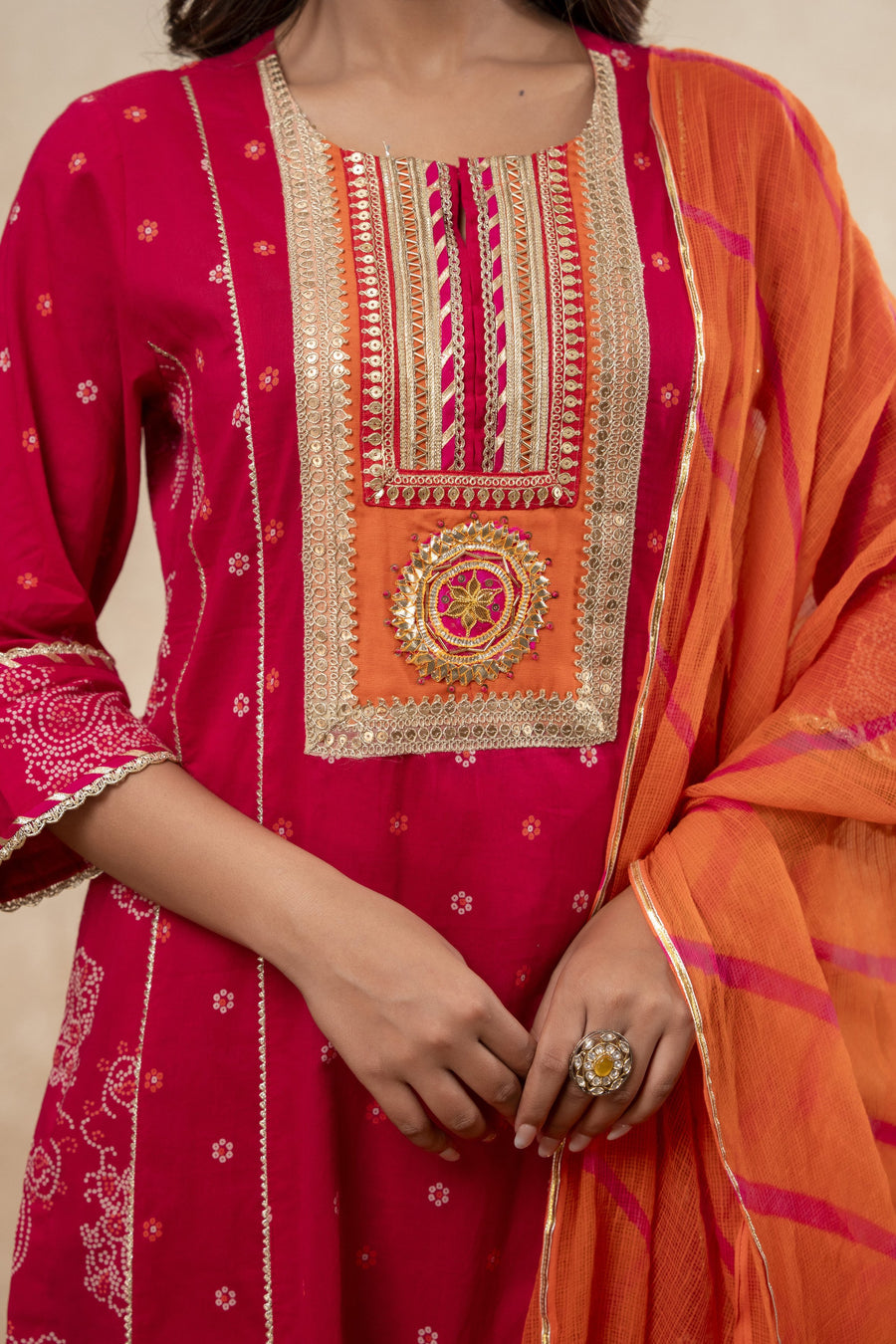 Rani Cotton Suit Set with Gota Patti Work & Kota Doria Dupatta