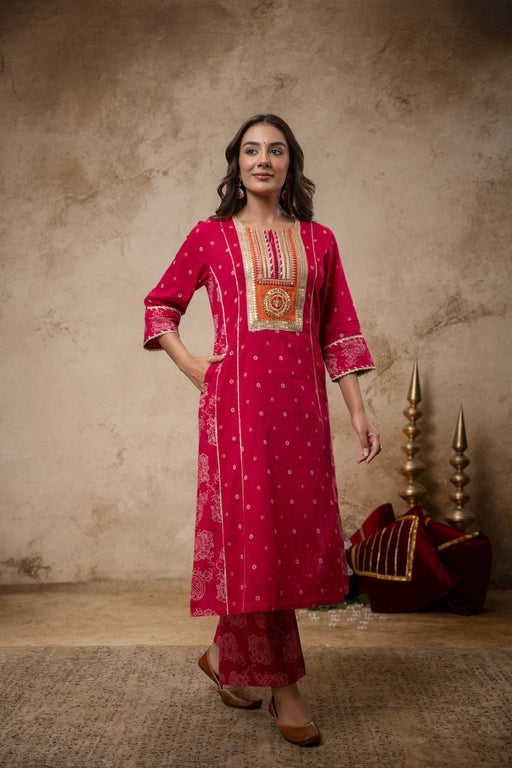 Rani Cotton Suit Set with Gota Patti Work & Kota Doria Dupatta