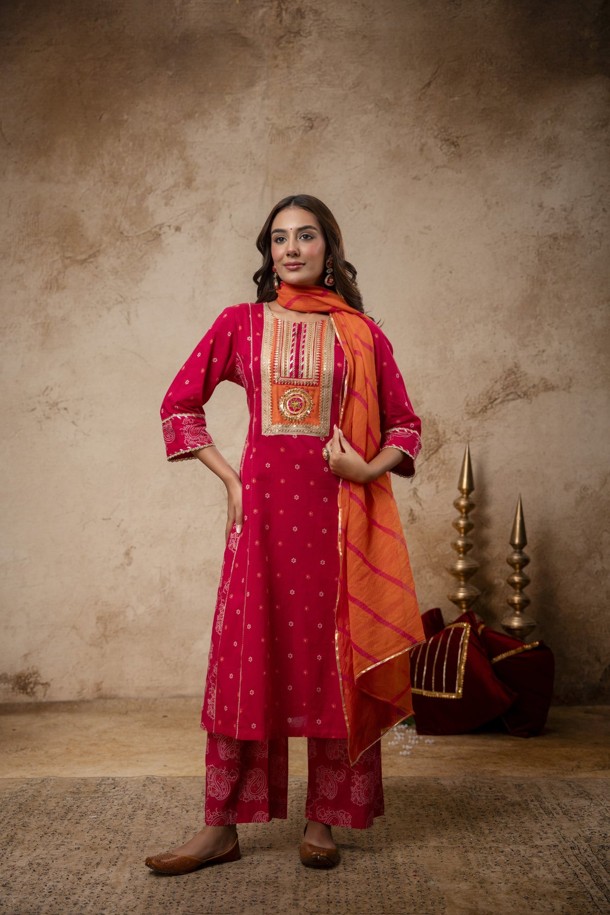 Rani Cotton Suit Set with Gota Patti Work & Kota Doria Dupatta