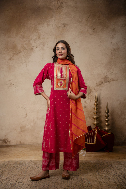 Rani Cotton Suit Set with Gota Patti Work & Kota Doria Dupatta