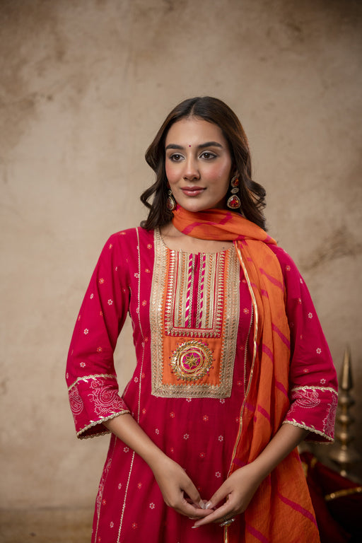 Rani Cotton Suit Set with Gota Patti Work & Kota Doria Dupatta