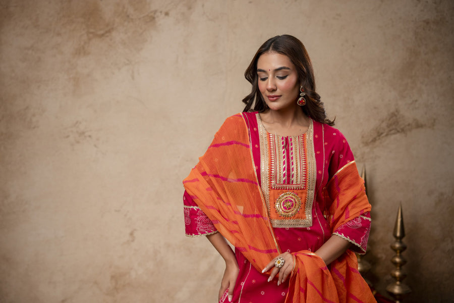 Rani Cotton Suit Set with Gota Patti Work & Kota Doria Dupatta