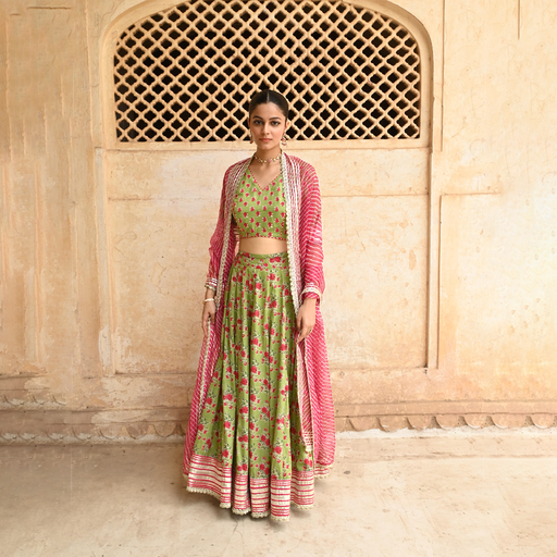 Green Mulmul Gota Work Lehenga Blouse Set with Dupatta