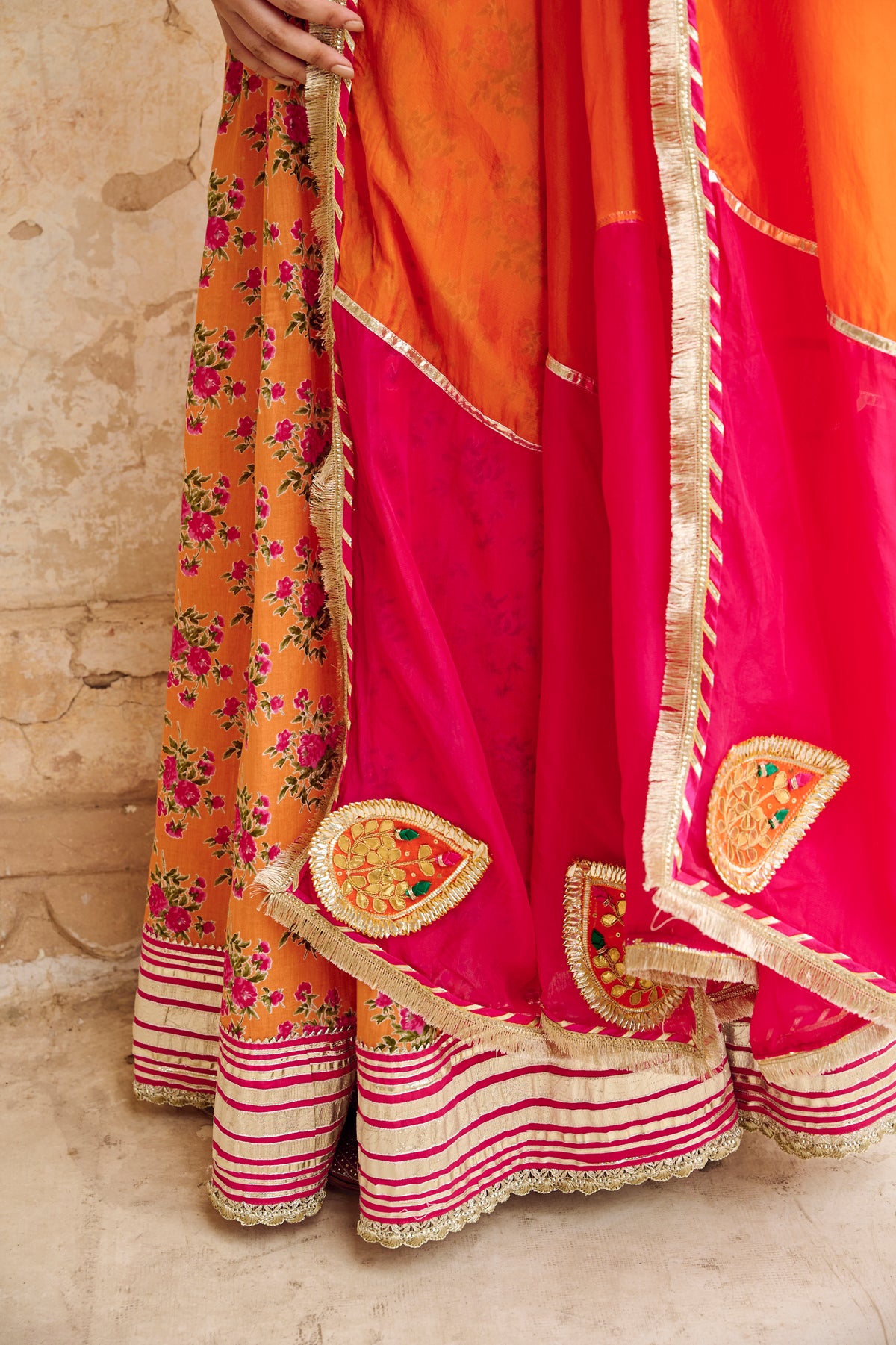 Orange Cotton Gota Work Lehenga Set with Dupatta