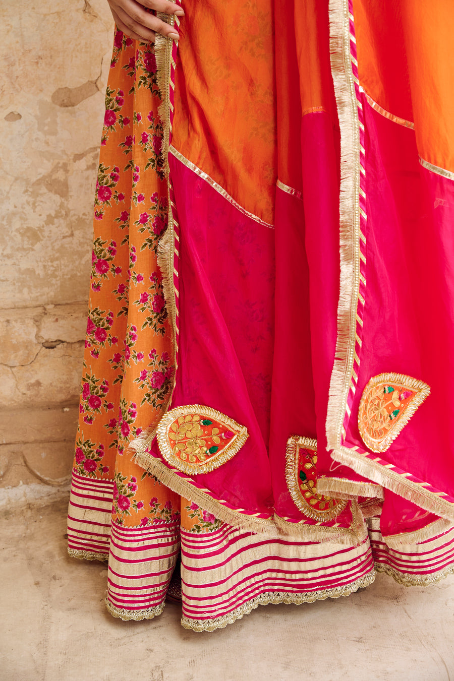 Orange Cotton Gota Work Lehenga Set with Dupatta