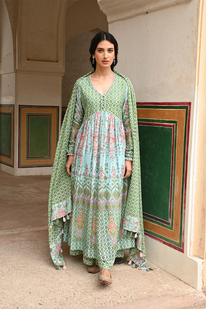 Green Mulmul Embroidered Kurta Palazzo Set with Dupatta