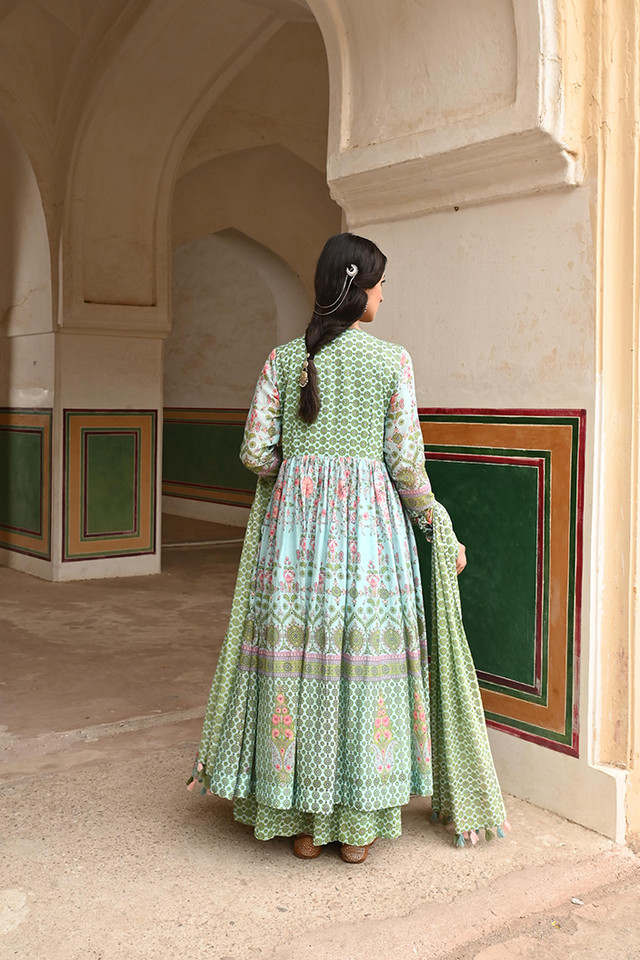 Green Mulmul Embroidered Kurta Palazzo Set with Dupatta