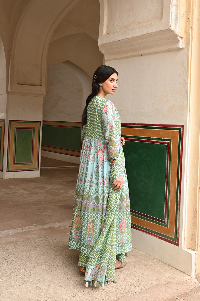 Green Mulmul Embroidered Kurta Palazzo Set with Dupatta