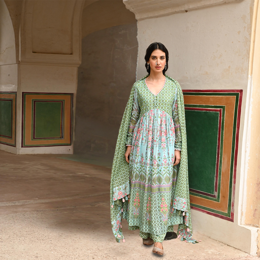 Green Mulmul Embroidered Kurta Palazzo Set with Dupatta