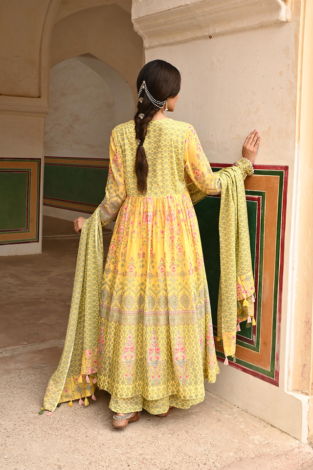 Butter Yellow Mulmul Embroidered Kurta Palazzo Set with Dupatta