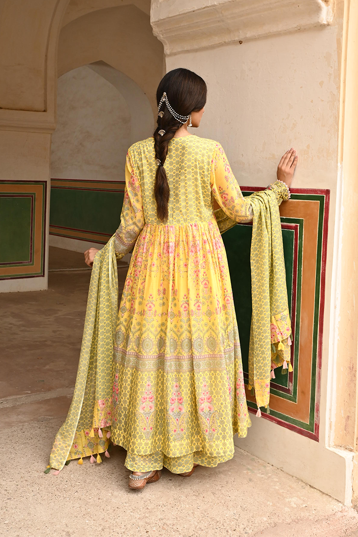 Butter Yellow Mulmul Embroidered Kurta Palazzo Set with Dupatta