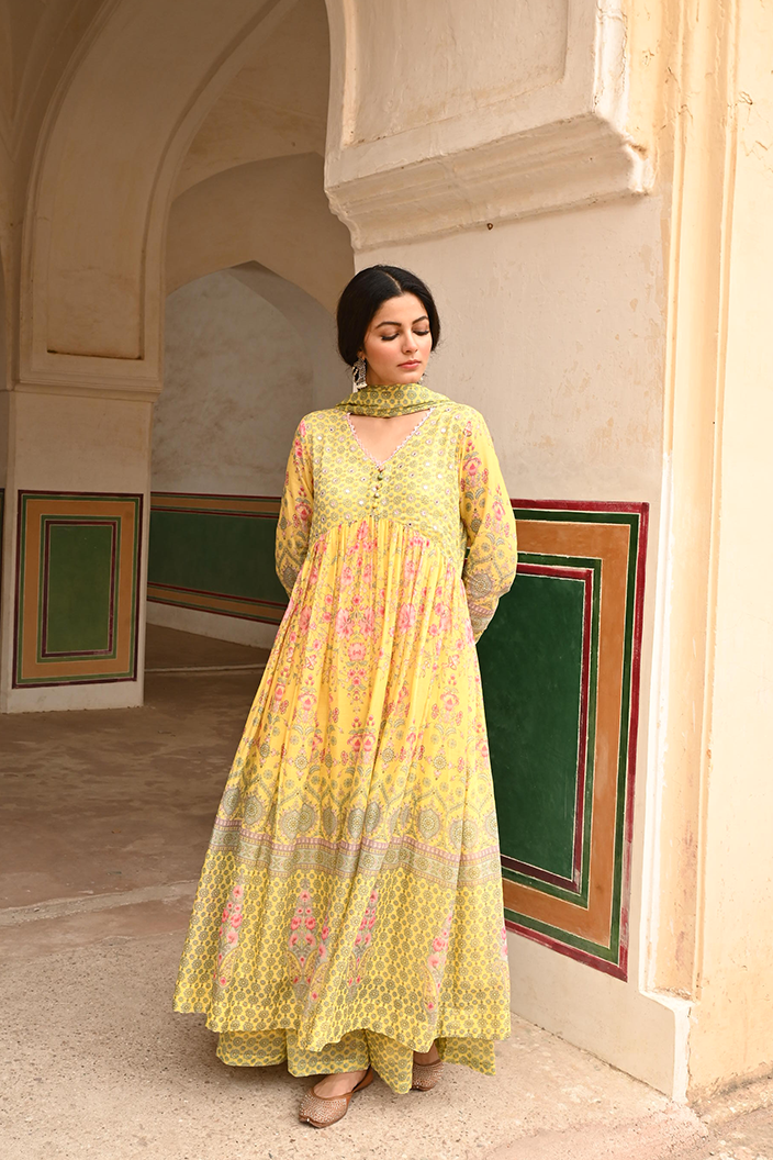 Butter Yellow Mulmul Embroidered Kurta Palazzo Set with Dupatta