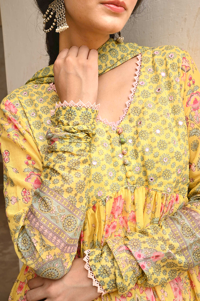 Butter Yellow Mulmul Embroidered Kurta Palazzo Set with Dupatta