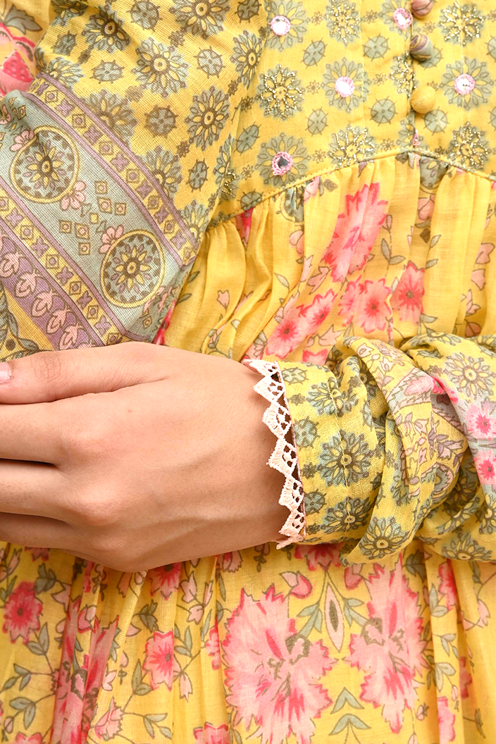 Butter Yellow Mulmul Embroidered Kurta Palazzo Set with Dupatta